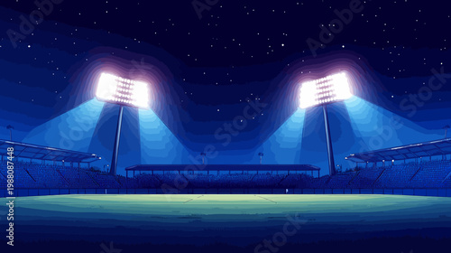 Pixelated illustration of a night stadium with bright floodlights, showcasing a clear starry sky