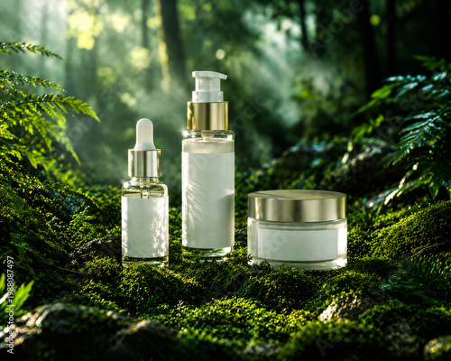 Three natural skincare bottles and jar positioned on a mosscovered forest floor amidst lush greenery