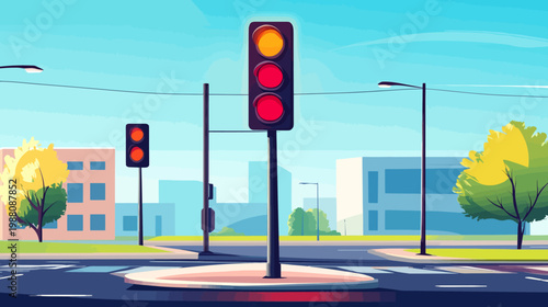 Stylized illustration of a city street with traffic lights, buildings, trees, and street lamps under a blue sky