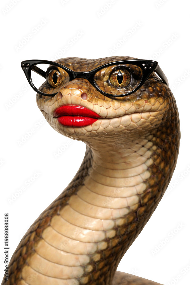 Fototapeta premium Snake wearing glasses and red lipstick on black background