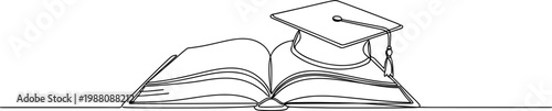 Minimalist line art illustration of an open book with a graduation cap placed on top, symbolizing education, knowledge, and academic achievement