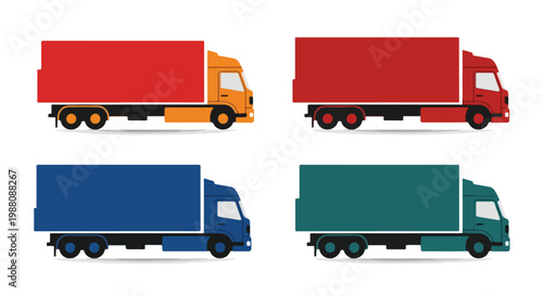 Colorful vector illustrations of commercial transport trucks in flat design style, a vibrant set of delivery and cargo vehicles for logistics and shipping concepts
