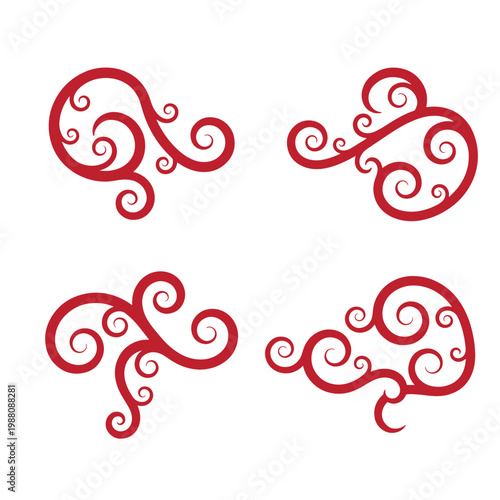 Red swirling on white background, four symmetrical patterns curls