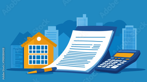 Flat vector illustration showing house, document, calculator, pen against city backdrop