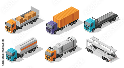 Isometric vector set featuring a comprehensive range of commercial and industrial trucks for various transport, logistics, and delivery needs