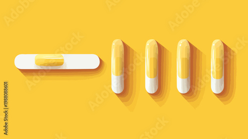 A vibrant yellow background showcases elongated capsules with varying colors and shadow play