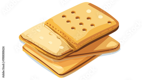 A stack of square, light-brown, perforated crackers on a white background, side angled view