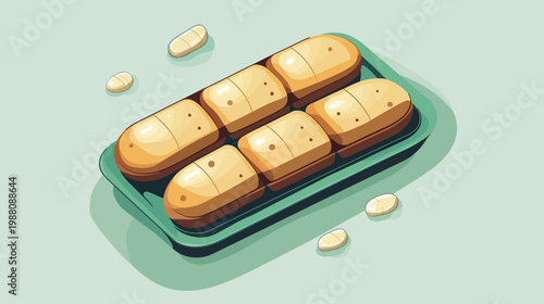A cartoon illustration of pills in a blister pack and scattered loose pills on a teal background