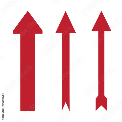 Three red arrows on white background, pointing upwards directional symbols upward motion