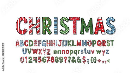 Colorful christmas-themed font display showcasing uppercase, lowercase, and special characters Vector