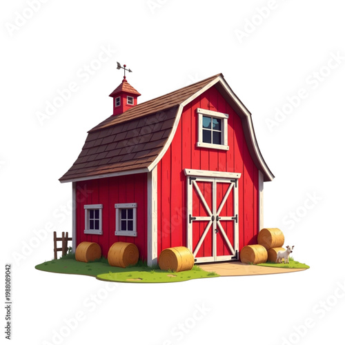 Red wooden farm barn illustration with hay bales and a small goat, 3D vector style isolated on white background.