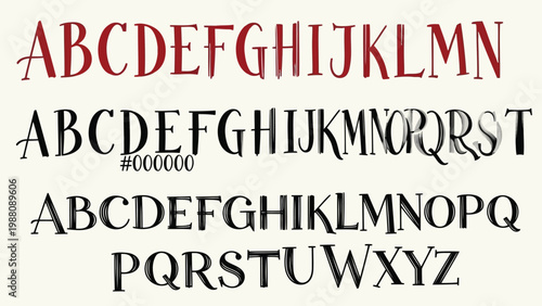 A display of three distinct typographic styles showcasing the full alphabet. Vector
