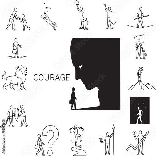 Silhouette of courageous figure overcoming obstacles with diverse activity icons in flat design