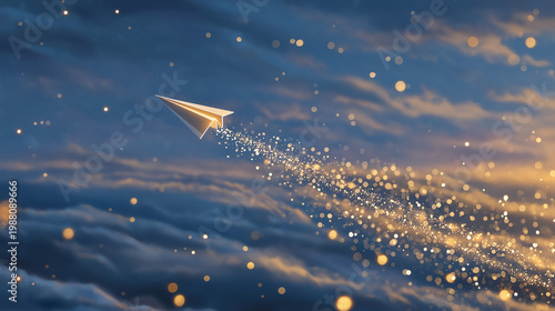 Soaring Aspirations: A paper airplane glides gracefully through a dreamy expanse of clouds, leaving a trail of shimmering light, symbolizing dreams, freedom.