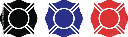 Firefighter Maltese cross icon set, fire department emergency service symbols vector illustration for rescue, safety, firefighting badge emblems, emergency response, and public protection design.