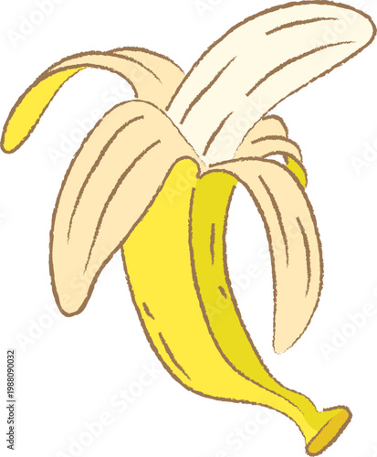 Hand drawn illustration of a peeled yellow banana with crayon texture on a white background