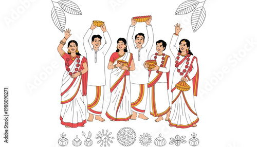 A traditional Indian wedding procession vector illustration with happy people