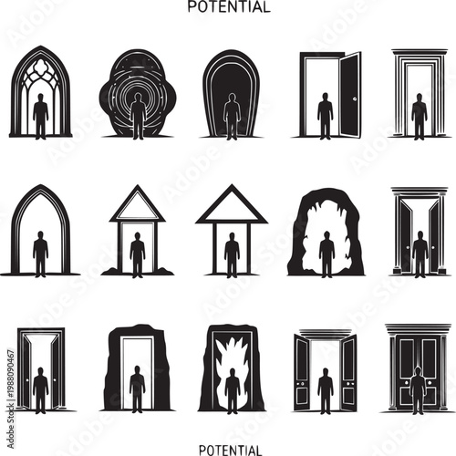 Minimalist black and white icons of doors and arches symbolizing potential and opportunities