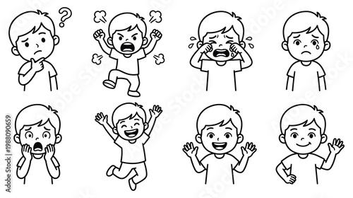 Cartoon boy expressing different emotions with line art vector style.