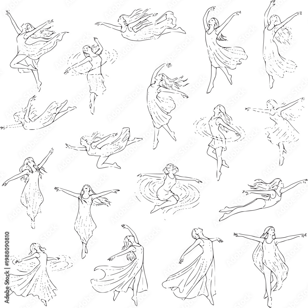 Fototapeta premium elegant ballet dancer line art poses set graceful movement monochrome sketch illustration