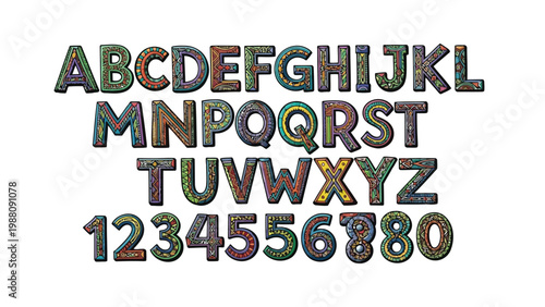 Vibrant retro-style alphabet and numeric characters with colorful pixel patterns Vector