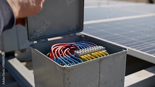Worker hands tightening screw on electrical box near solar panels