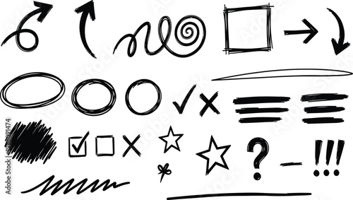 Hand-Drawn Doodles: Arrows, Shapes, Symbols, and Scribbles on White
