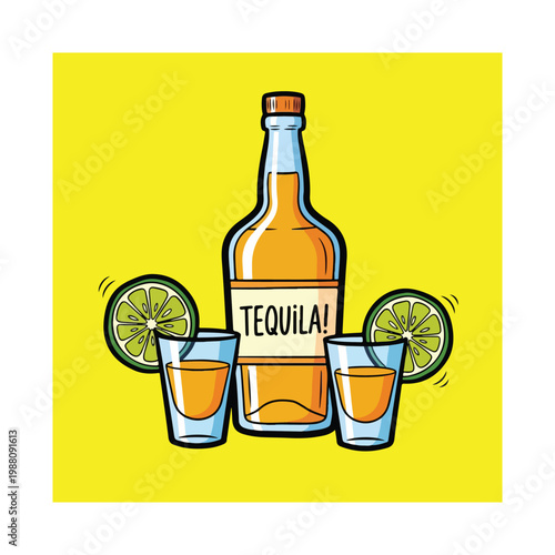 Tequila Bottle with Shots and Lime Slices - Fun Vector