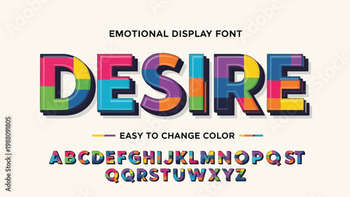 Colorful and vibrant emotional display font showcasing the word desire and alphabet Vector