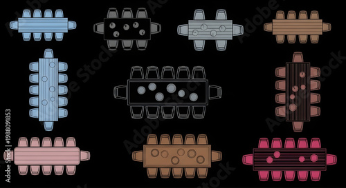 Dining Furniture Layout Top View Blueprint Vector Collection – Landscape Architecture Multi View Plan Light Gradient Colors on Black Background