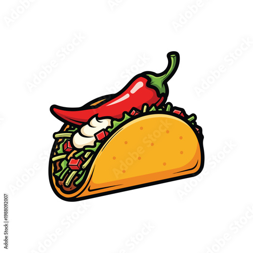 Spicy Taco Illustration with Red Chili Pepper - Vector Graphic