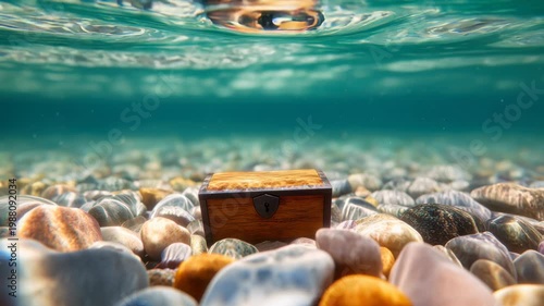 Underwater Treasure Chest Surrounded by Colorful Pebbles on Ocean Floor in Clear Water