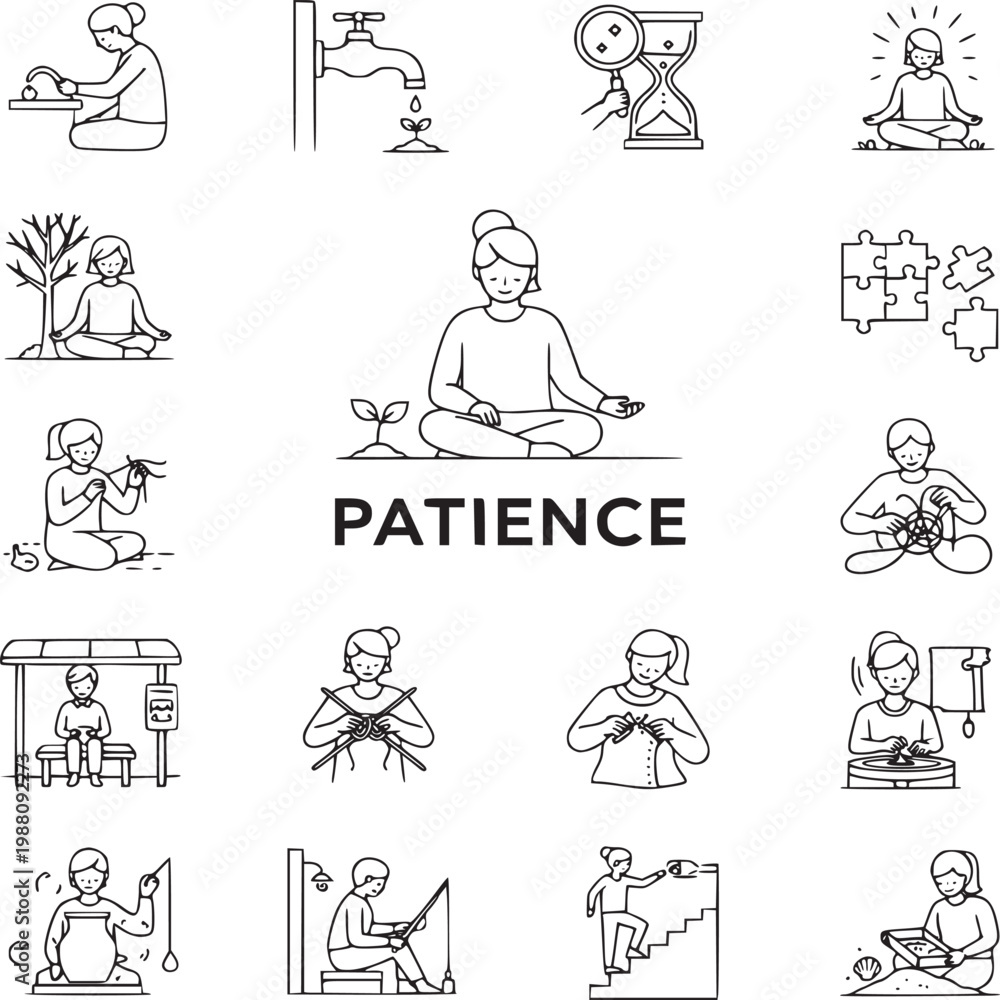 Fototapeta premium flat design vector illustration of diverse people practicing patience in daily activities and meditation