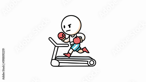 Cartoon Boxer Training on Treadmill with Determined Expression.