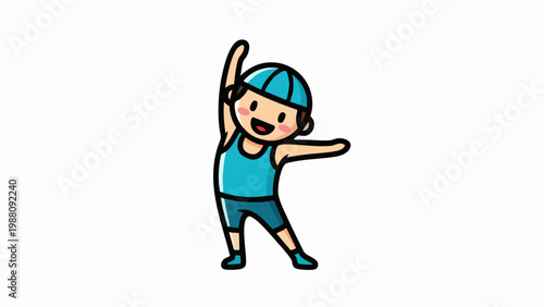 Cartoon Boy Exercising with Arm Raised and Leg Extended.