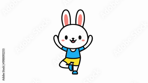 Cute cartoon rabbit doing yoga tree pose illustration.