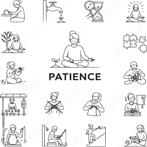 flat design vector illustration of diverse people practicing patience in daily activities and meditation