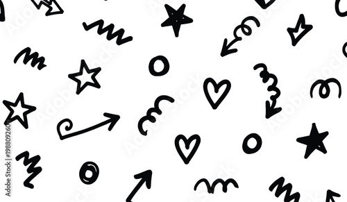Hand-drawn Doodle Icons: Stars, Hearts, Arrows, and Squiggles on White
