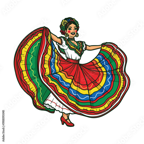 Mexican Folkloric Dancer Woman in Vibrant Traditional Dress - Vector