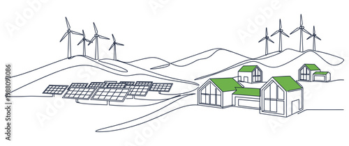 One line drawing of eco village with wind turbines and solar panels.