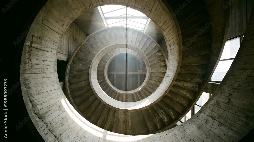 Fototapeta premium A tall concrete spiral staircase winds upward creating a geometric pattern that shows depth and texture in a modern building