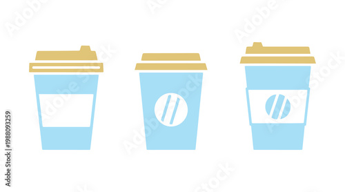 Assortment of takeaway coffee cups illustrated as minimal flat vector icons.