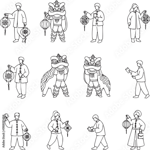 line art chinese new year lion dance performers in traditional costumes vector illustration