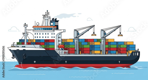 Large cargo ship carrying many colorful containers across the ocean.