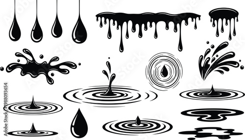 Black Ink Splashes, Drips, and Water Ripples Vector Set