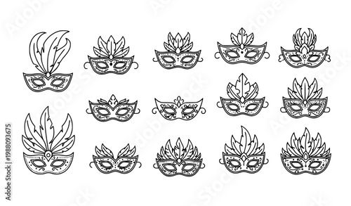 Carnival Masquerade Mask Icon Set – Elegant Line Art Festival Mask Collection