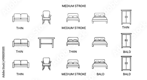 Furniture Line Icons Vector – Stroke Variation Set