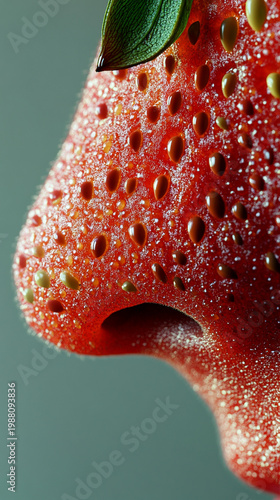 Extreme Macro of Person Nose with Fresh Strawberry Texture and Water Droplets, Surreal Beauty Concept