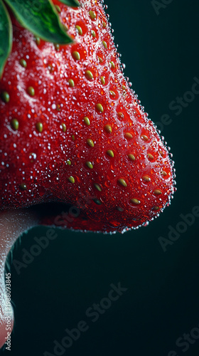 Extreme Macro of Person Nose with Fresh Strawberry Texture and Water Droplets, Surreal Beauty Concept