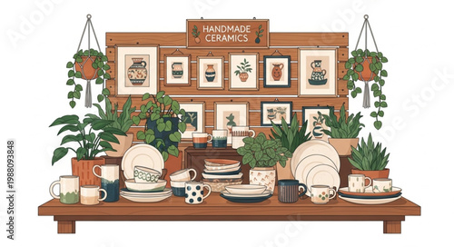 Display of Botanical Prints and Ceramic Ware with Potted Plants.